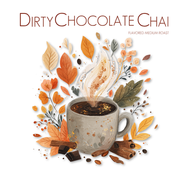 Illustration of a mug with steaming coffee, surrounded by autumn leaves and spices, with 'Dirty Chocolate Chai' text.